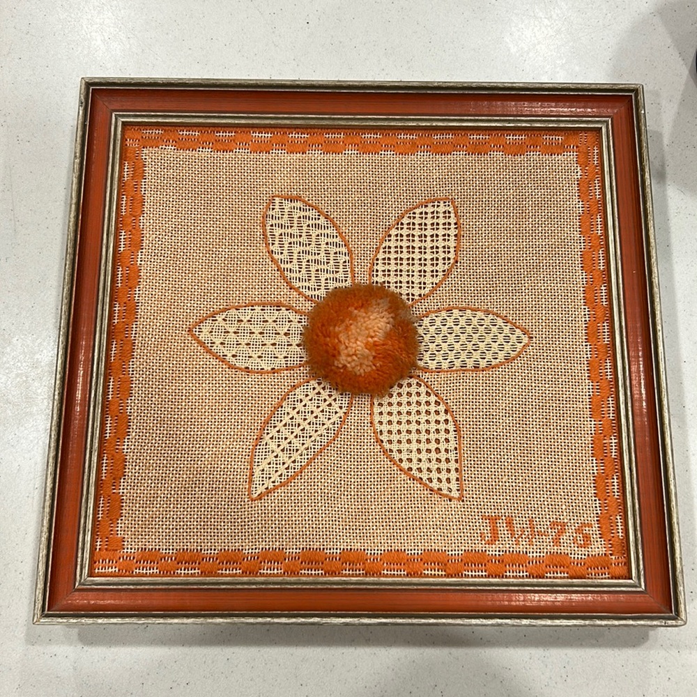 Vintage retro handmade peach /floral needlepoint wall art